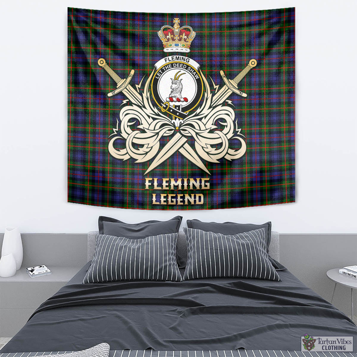 Tartan Vibes Clothing Fleming Tartan Tapestry with Clan Crest and the Golden Sword of Courageous Legacy