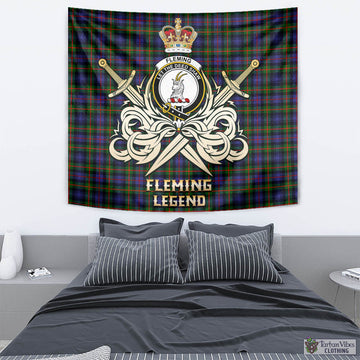 Fleming Tartan Tapestry with Clan Crest and the Golden Sword of Courageous Legacy