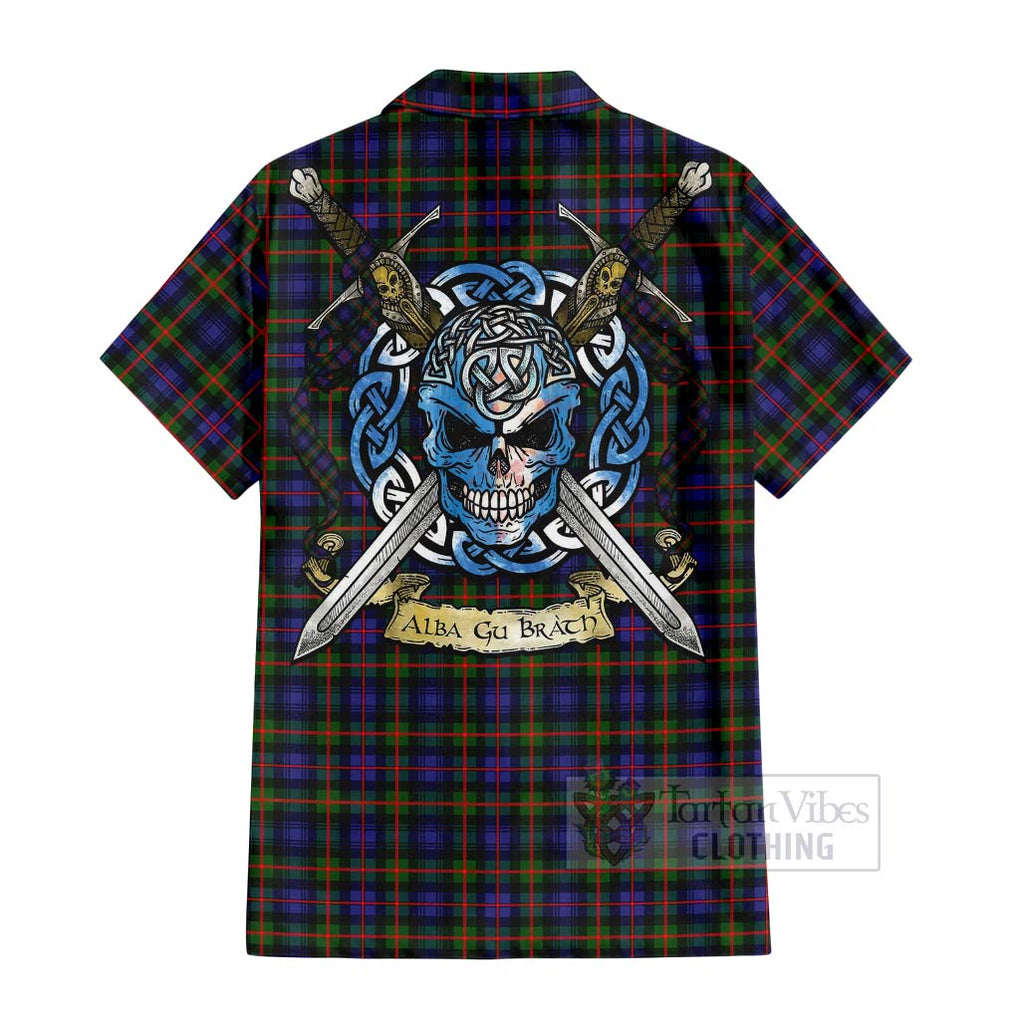 Tartan Vibes Clothing Fleming Tartan Short Sleeve Button Shirt with Family Crest Celtic Skull Style