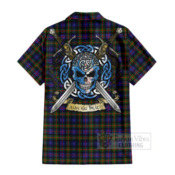 Fleming Tartan Short Sleeve Button Shirt with Family Crest Celtic Skull Style