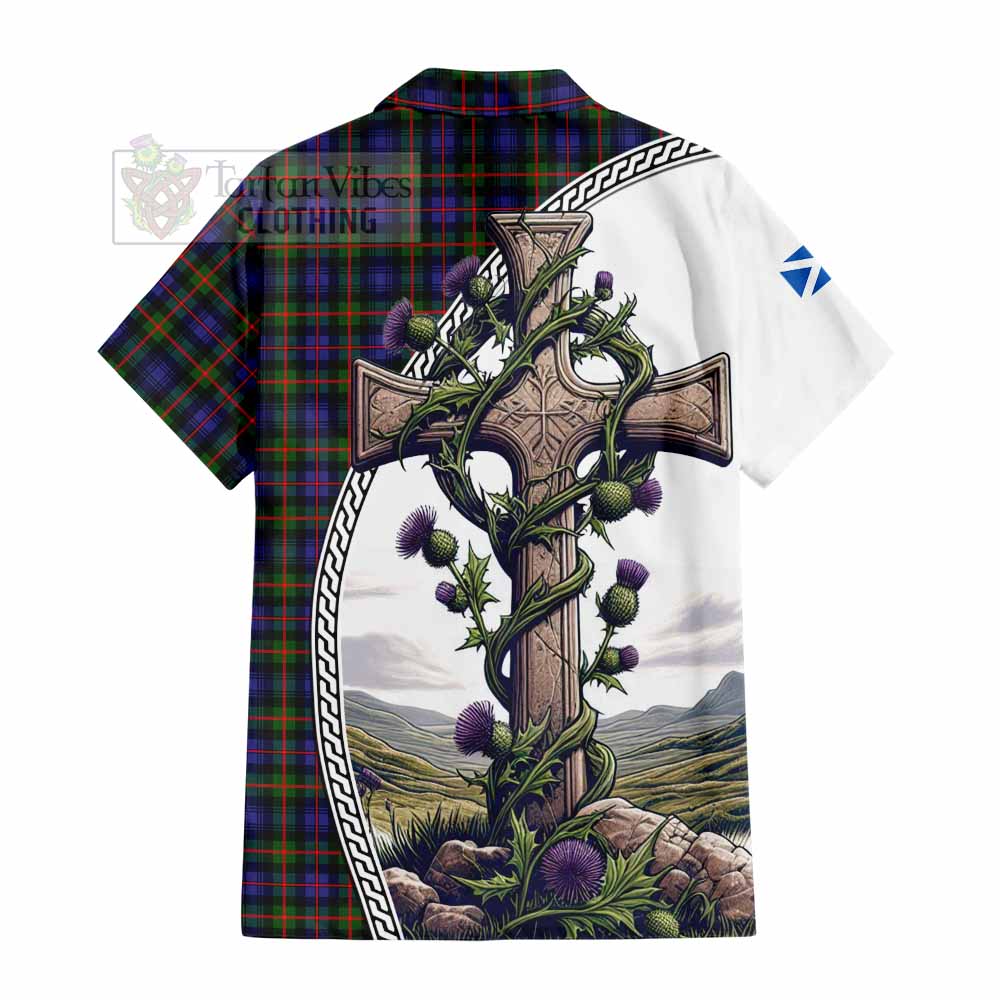 Tartan Vibes Clothing Fleming Tartan Short Sleeve Button Shirt with Family Crest and St. Andrew's Cross Accented by Thistle Vines