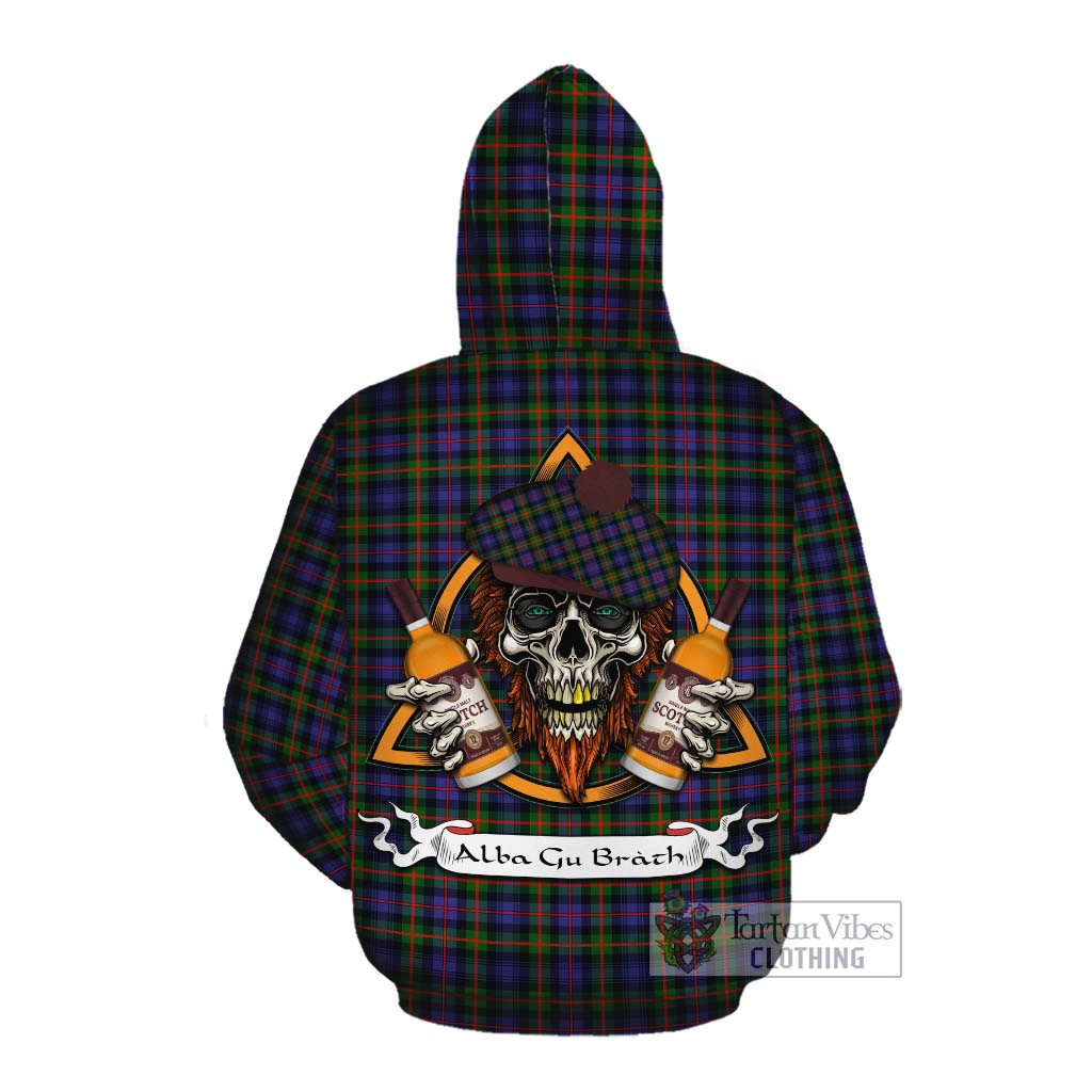 Tartan Vibes Clothing Fleming Tartan Cotton Hoodie with Family Crest and Bearded Skull Holding Bottles of Whiskey