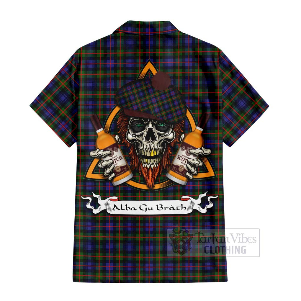 Tartan Vibes Clothing Fleming Tartan Short Sleeve Button Shirt with Family Crest and Bearded Skull Holding Bottles of Whiskey