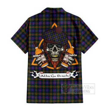 Fleming Tartan Short Sleeve Button Shirt with Family Crest and Bearded Skull Holding Bottles of Whiskey