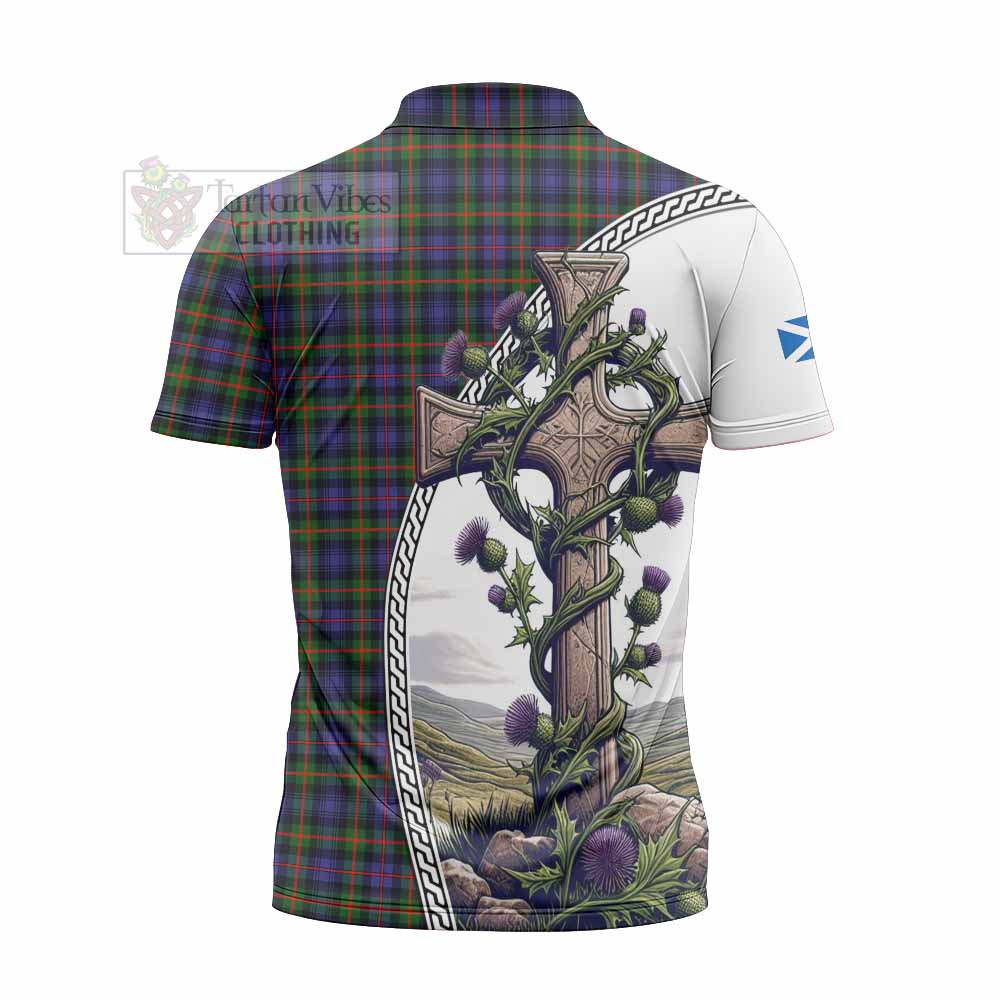 Tartan Vibes Clothing Fleming Tartan Zipper Polo Shirt with Family Crest and St. Andrew's Cross Accented by Thistle Vines