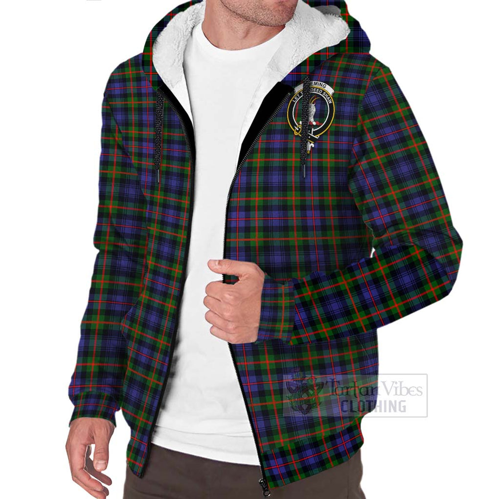 Tartan Vibes Clothing Fleming Tartan Sherpa Hoodie with Family Crest and Bearded Skull Holding Bottles of Whiskey