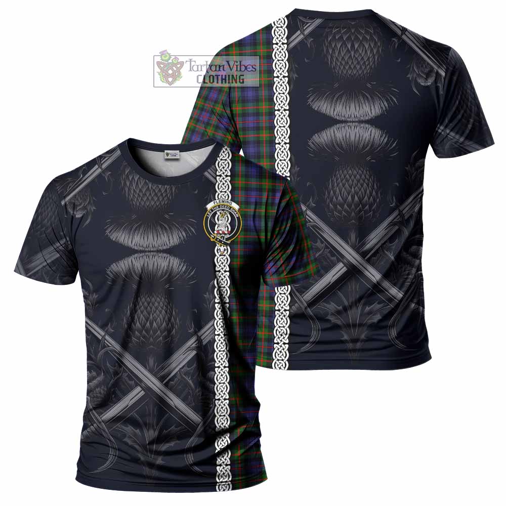 Tartan Vibes Clothing Fleming Tartan T-Shirt with Family Crest Cross Sword Thistle Celtic Vibes