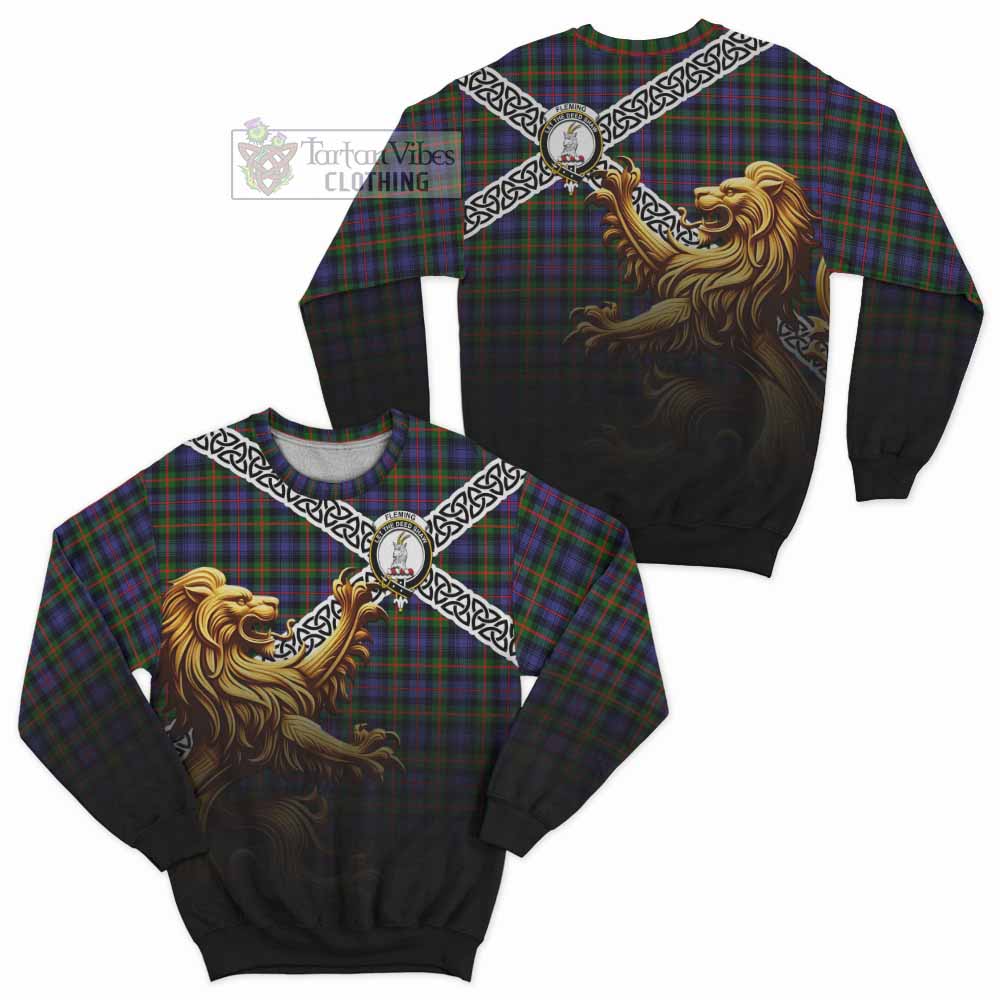 Fleming Crest Tartan Sweatshirt with Golden Lion Emblem Celtic Style - Tartan Vibes Clothing