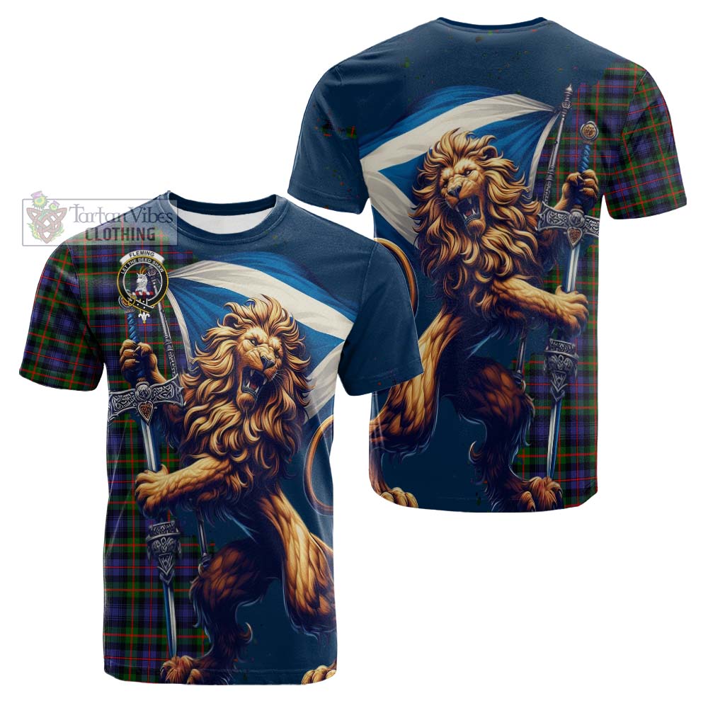 Tartan Vibes Clothing Fleming Tartan Family Crest Cotton T-shirt with Scottish Majestic Lion