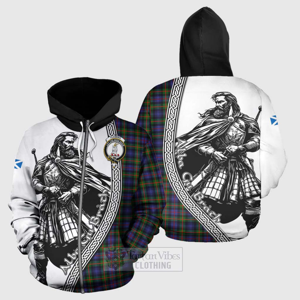 Tartan Vibes Clothing Fleming Tartan Clan Crest Hoodie with Highlander Warrior Celtic Style