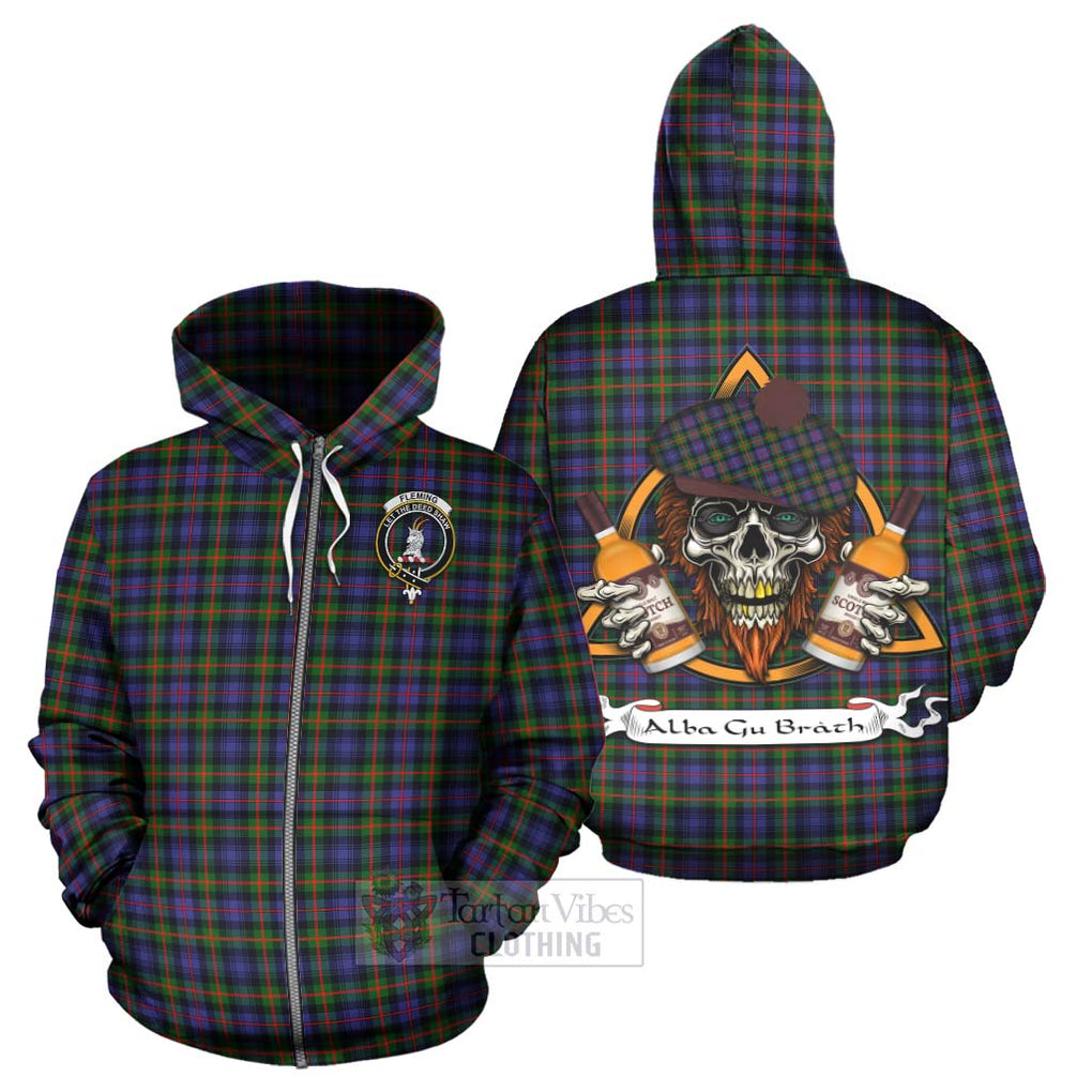 Tartan Vibes Clothing Fleming Tartan Hoodie with Family Crest and Bearded Skull Holding Bottles of Whiskey