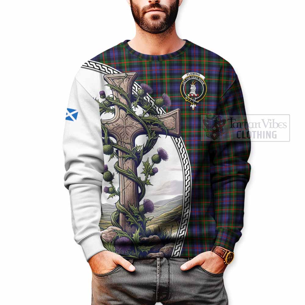 Tartan Vibes Clothing Fleming Tartan Sweatshirt with Family Crest and St. Andrew's Cross Accented by Thistle Vines