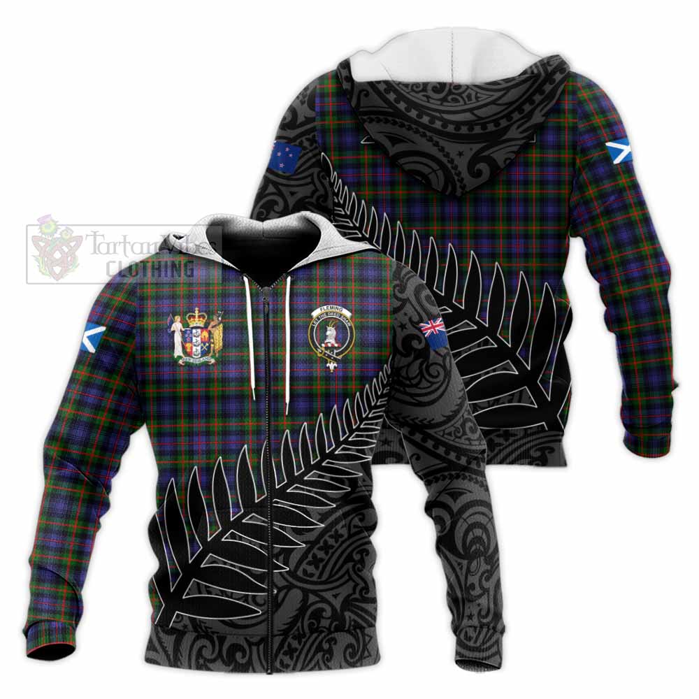 Tartan Vibes Clothing Fleming Crest Tartan Knitted Hoodie with New Zealand Silver Fern Half Style