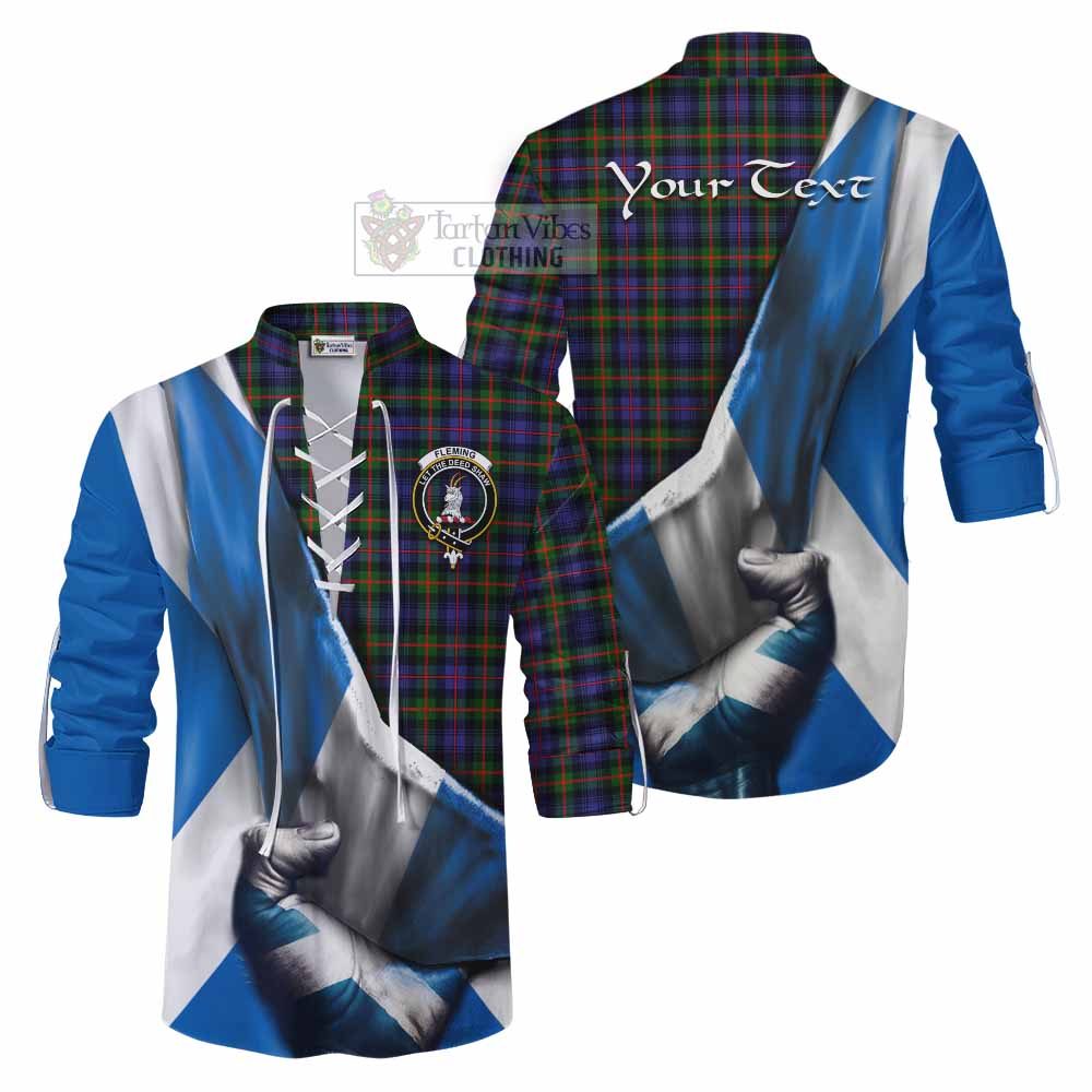 Tartan Vibes Clothing Fleming Tartan Ghillie Kilt Shirt with Family Crest Scotland Patriotic Style