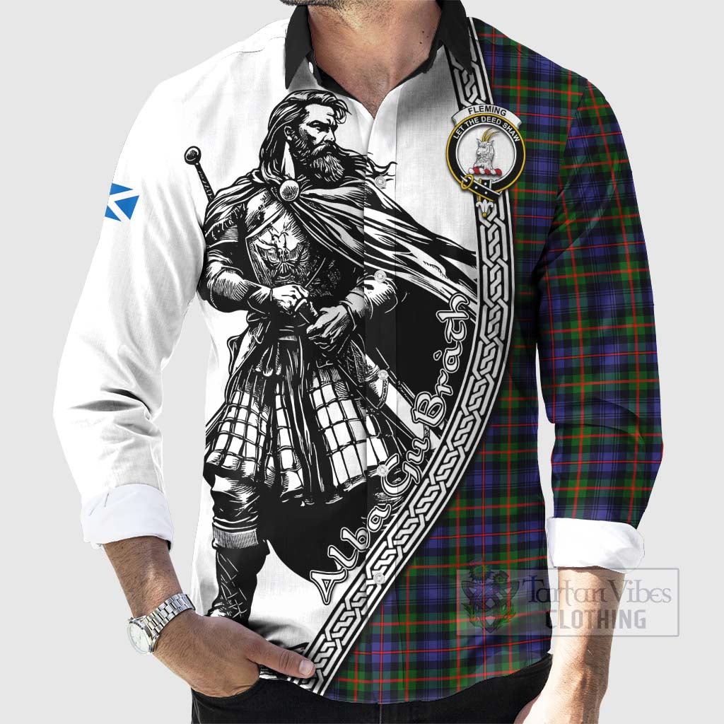 Tartan Vibes Clothing Fleming Tartan Clan Crest Long Sleeve Button Shirt with Highlander Warrior Celtic Style