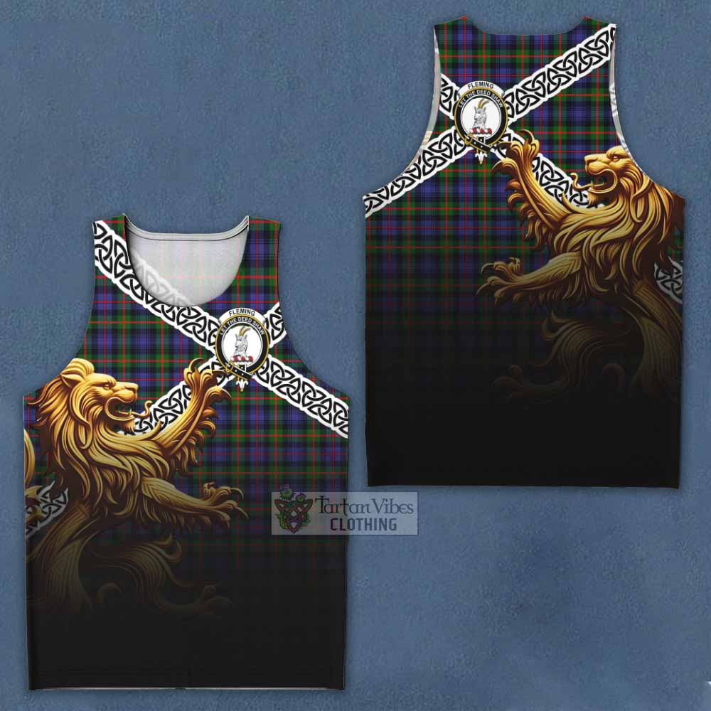Fleming Crest Tartan Men's Tank Top with Golden Lion Emblem Celtic Style - Tartan Vibes Clothing