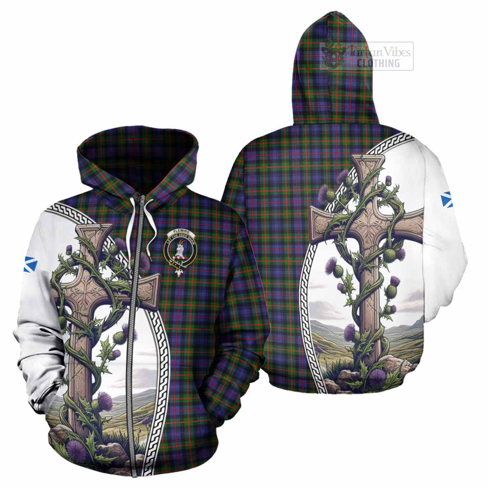 Tartan Vibes Clothing Fleming Tartan Hoodie with Family Crest and St. Andrew's Cross Accented by Thistle Vines