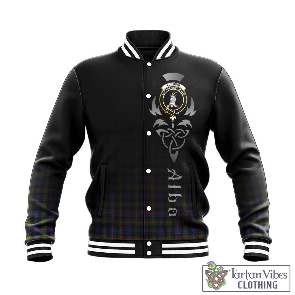 Tartan Vibes Clothing Fleming Tartan Baseball Jacket Featuring Alba Gu Brath Family Crest Celtic Inspired