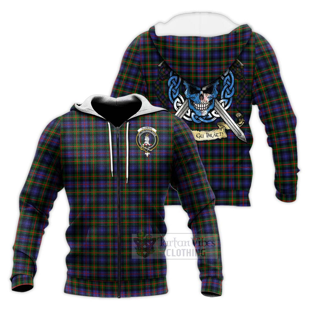 Tartan Vibes Clothing Fleming Tartan Knitted Hoodie with Family Crest Celtic Skull Style