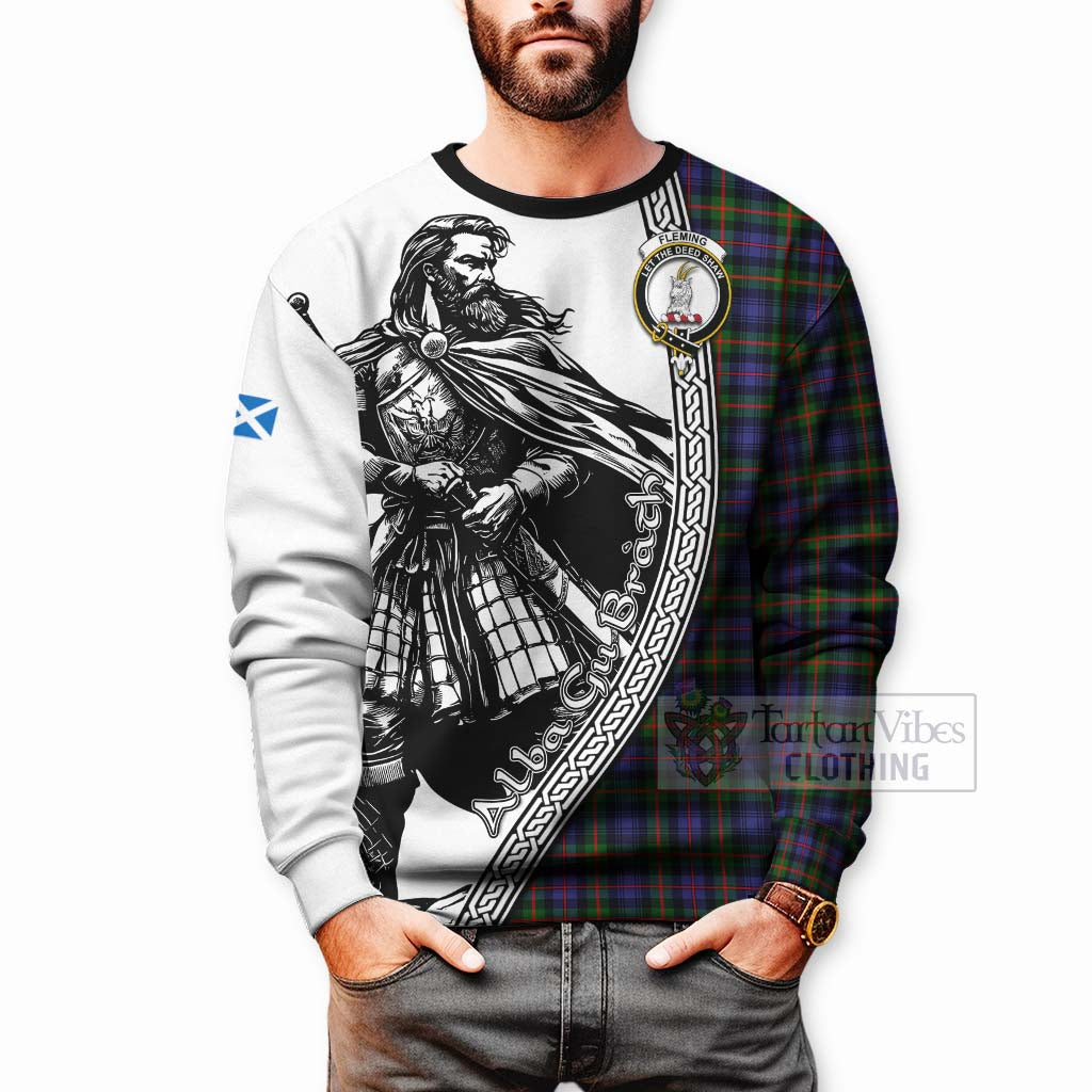 Tartan Vibes Clothing Fleming Tartan Clan Crest Sweatshirt with Highlander Warrior Celtic Style