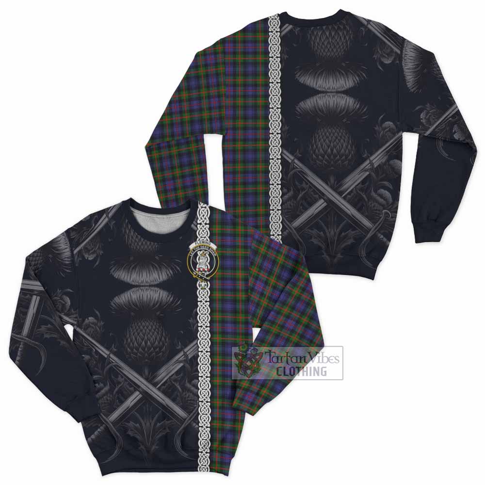 Tartan Vibes Clothing Fleming Tartan Sweatshirt with Family Crest Cross Sword Thistle Celtic Vibes