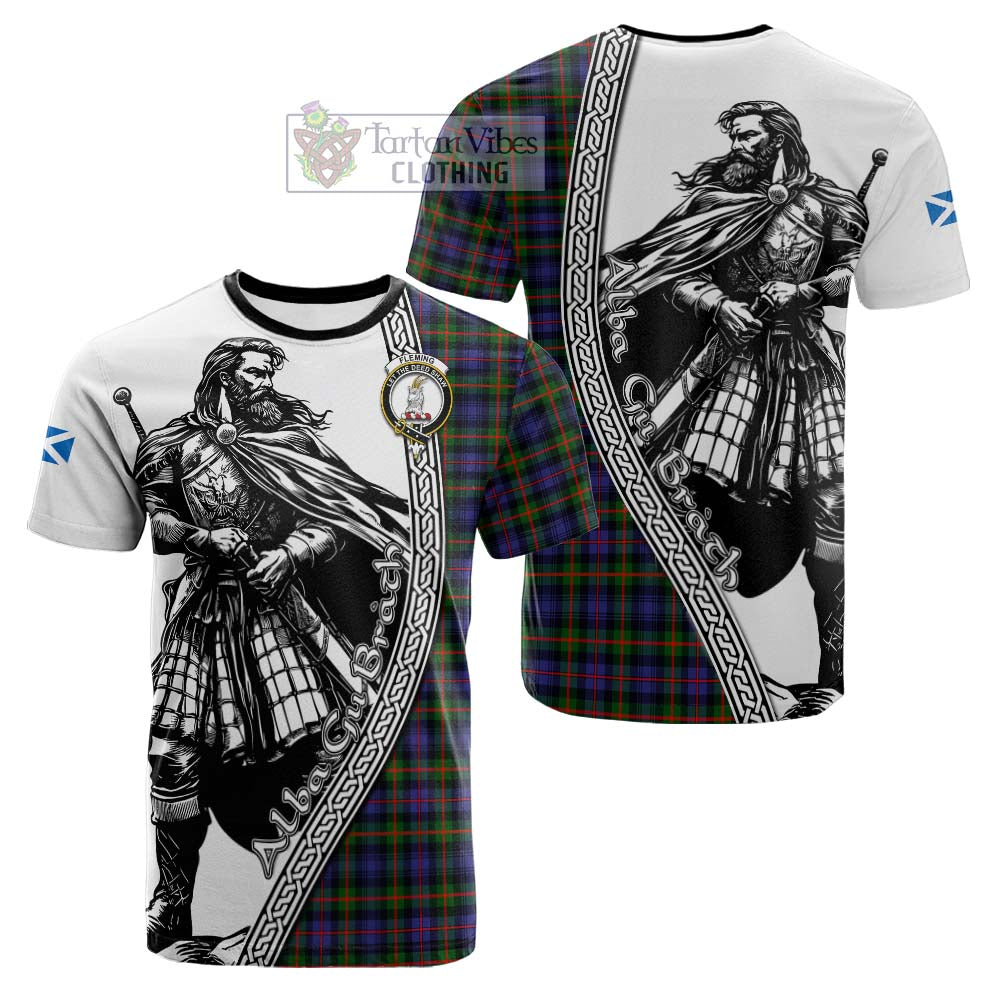 Fleming Tartan Clan Crest Cotton T-shirt with Highlander Warrior Celtic Style