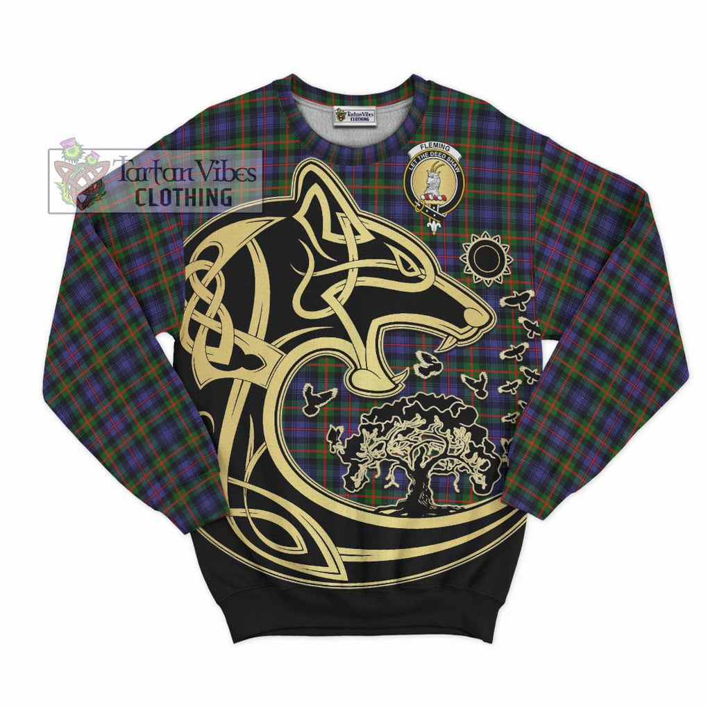 Fleming Tartan Sweatshirt with Family Crest Celtic Wolf Style - Tartan Vibes Clothing