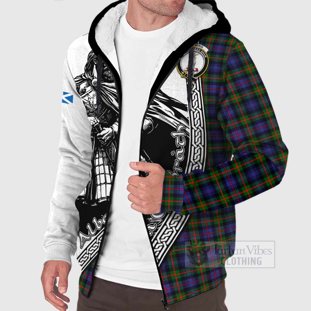 Tartan Vibes Clothing Fleming Tartan Clan Crest Sherpa Hoodie with Highlander Warrior Celtic Style