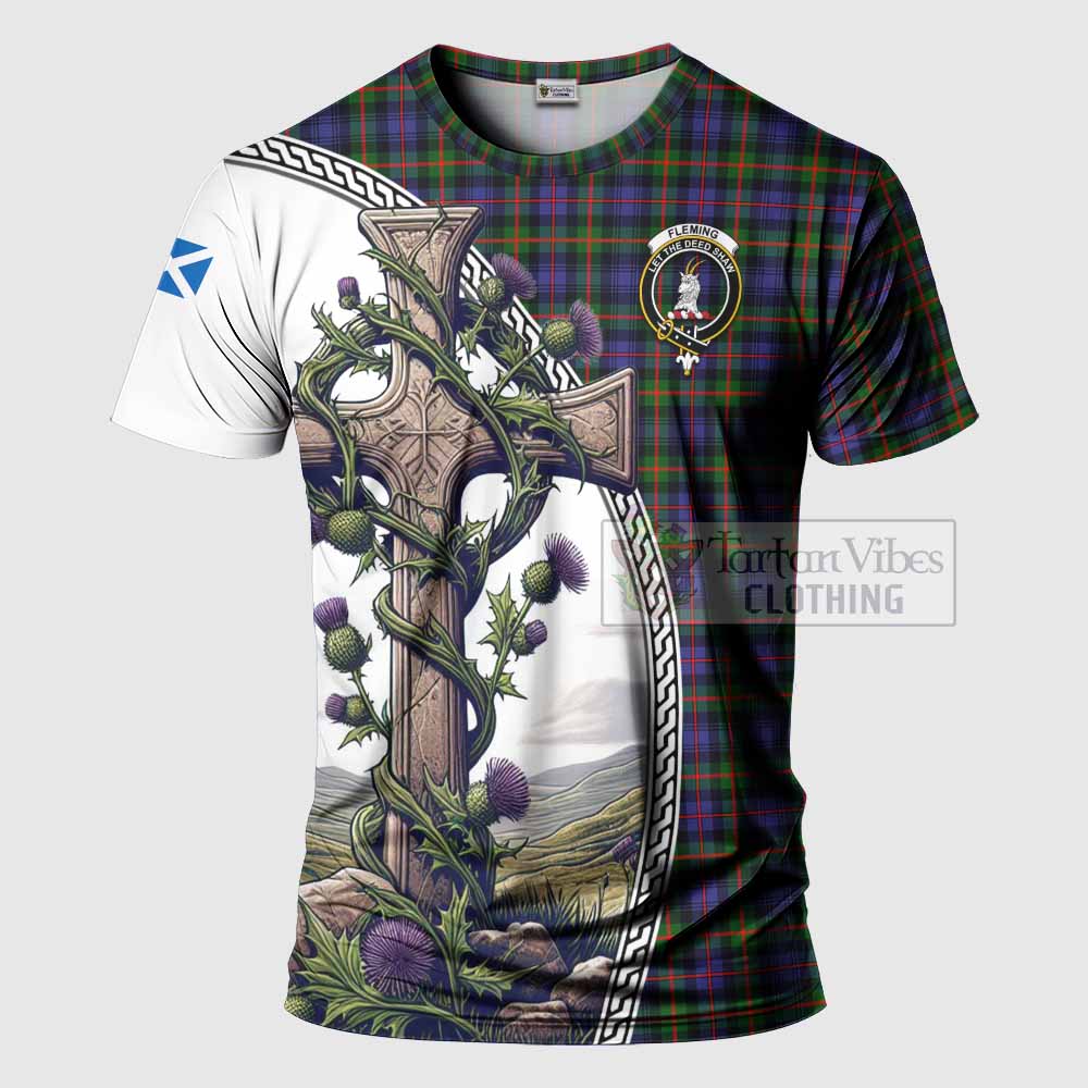 Tartan Vibes Clothing Fleming Agnew Tartan T-Shirt with Family Crest and St. Andrew's Cross Accented by Thistle Vines