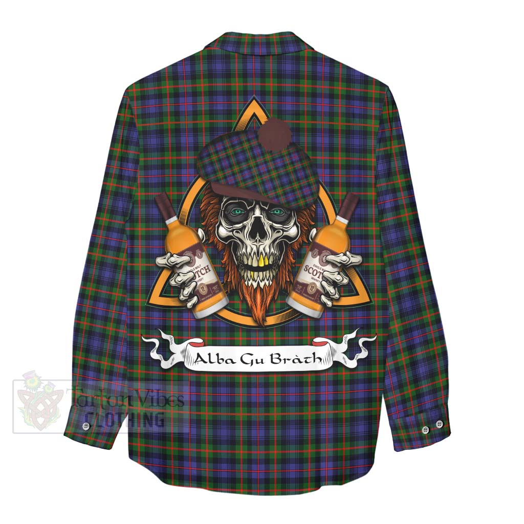 Tartan Vibes Clothing Fleming Tartan Women's Casual Shirt with Family Crest and Bearded Skull Holding Bottles of Whiskey