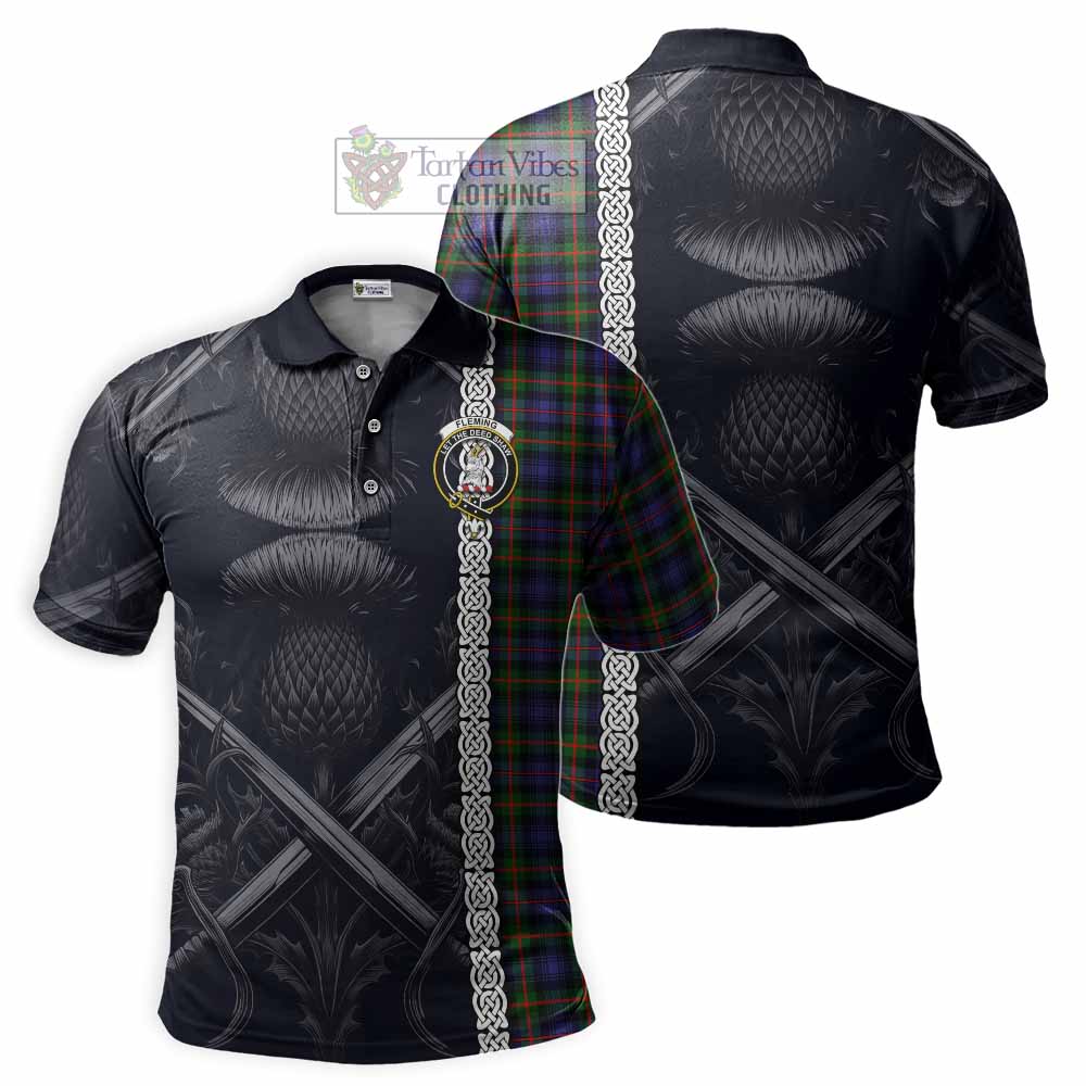 Fleming Tartan Polo Shirt with Family Crest Cross Sword Thistle Celtic Vibes - Tartan Vibes Clothing