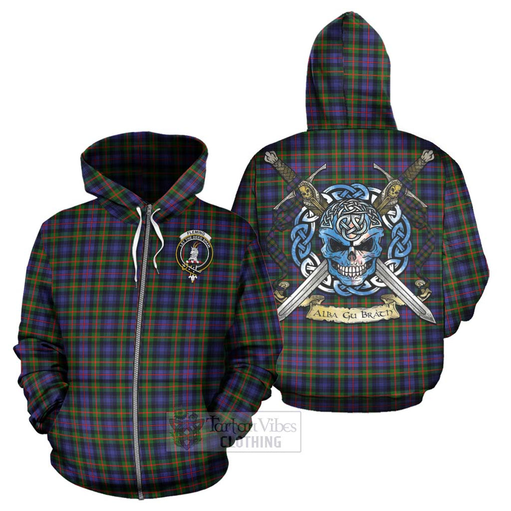 Tartan Vibes Clothing Fleming Tartan Hoodie with Family Crest Celtic Skull Style