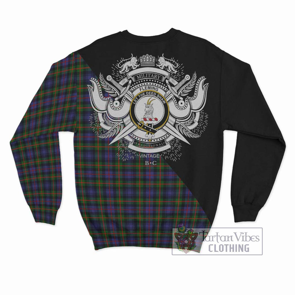 Fleming Tartan Sweatshirt with Family Crest and Military Logo Style - Tartanvibesclothing Shop