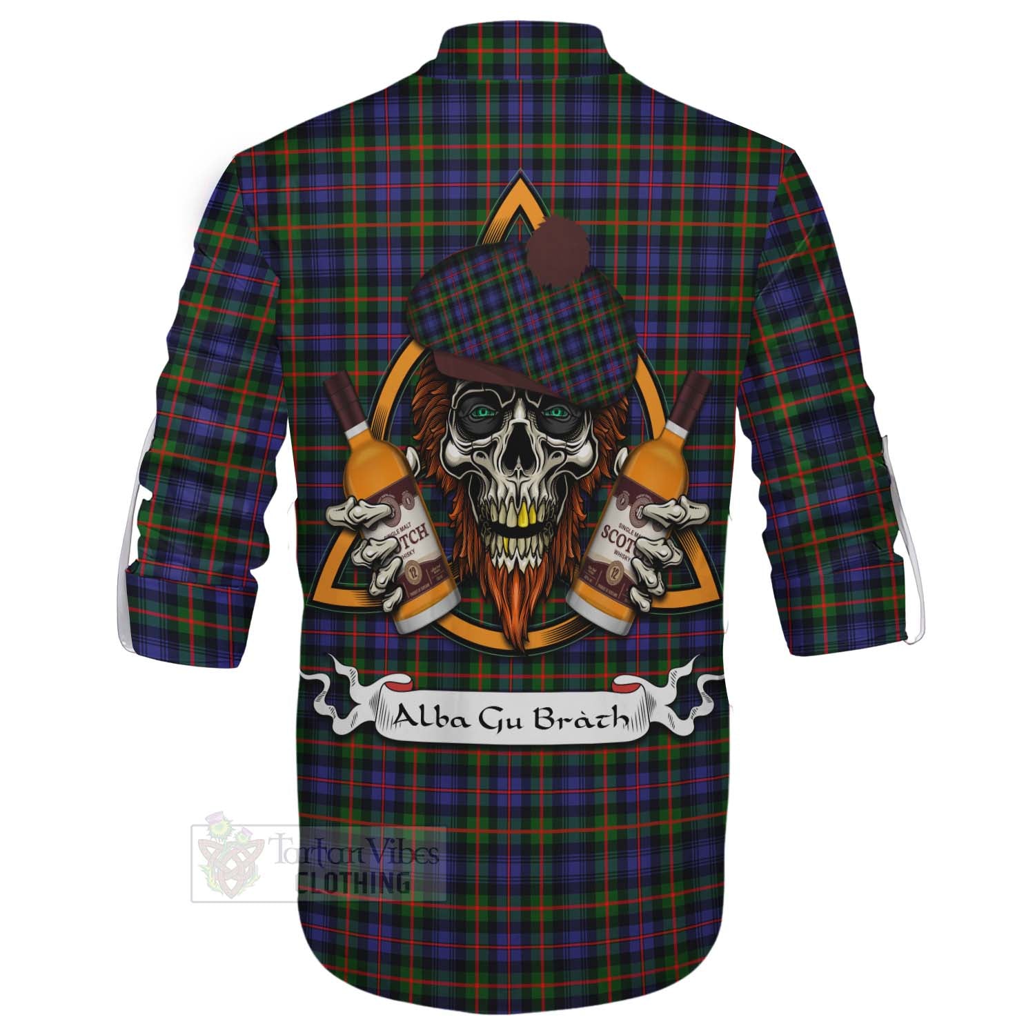 Tartan Vibes Clothing Fleming Tartan Ghillie Kilt Shirt with Family Crest and Bearded Skull Holding Bottles of Whiskey