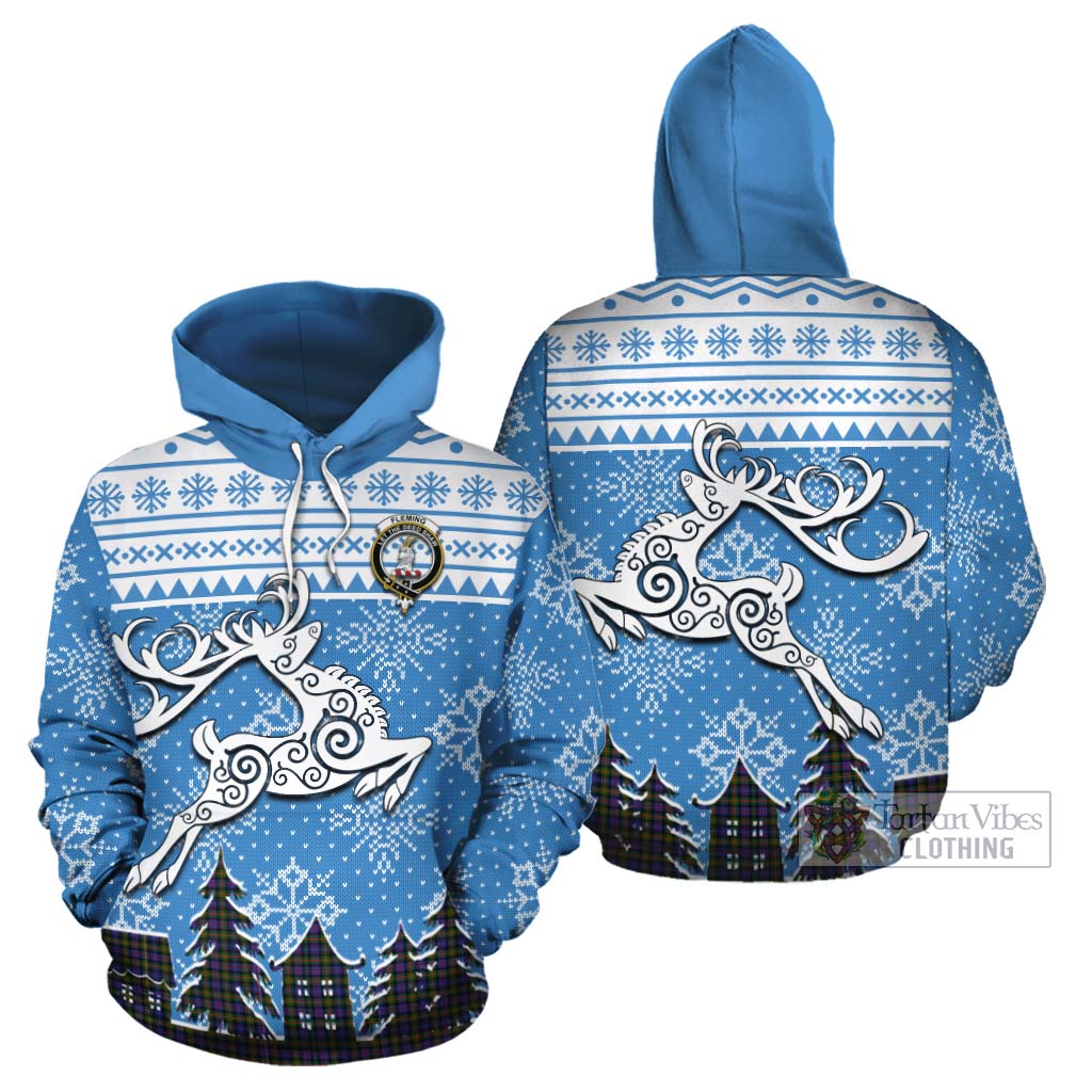 Tartan Vibes Clothing Fleming Clan Christmas Cotton Hoodie Celtic Reindeer Style