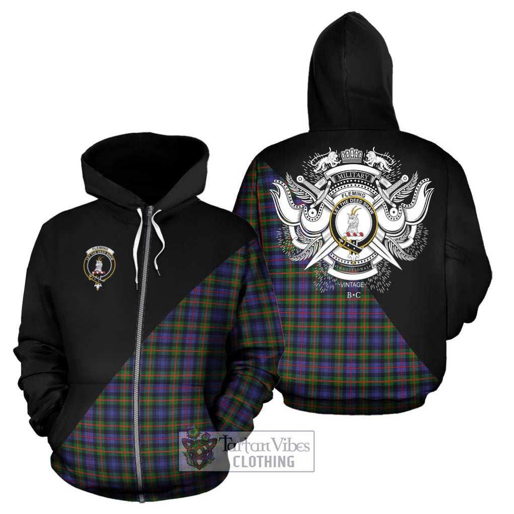 Fleming Tartan Hoodie with Family Crest and Military Logo Style - Tartanvibesclothing Shop