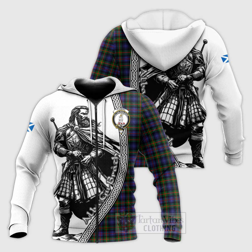 Tartan Vibes Clothing Fleming Tartan Clan Crest Knitted Hoodie with Highlander Warrior Celtic Style