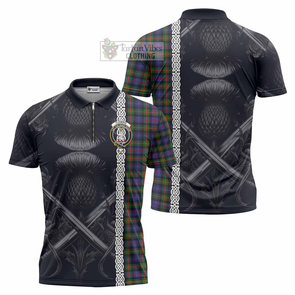 Tartan Vibes Clothing Fleming Tartan Zipper Polo Shirt with Family Crest Cross Sword Thistle Celtic Vibes