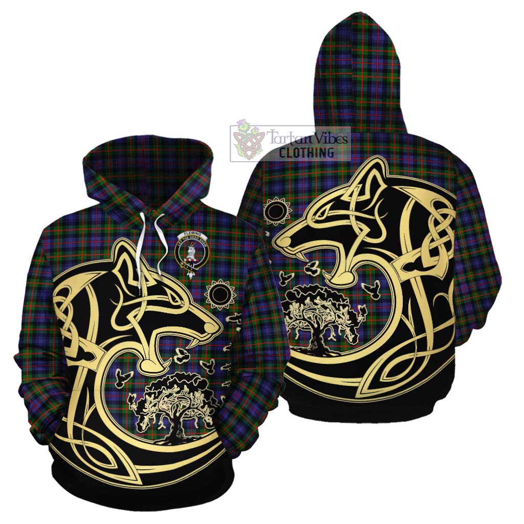 Tartan Vibes Clothing Fleming Tartan Cotton Hoodie with Family Crest Celtic Wolf Style