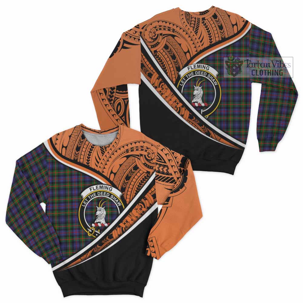 Tartan Vibes Clothing Fleming Crest Tartan Sweatshirt with Maori Tattoo Style - Orange Version