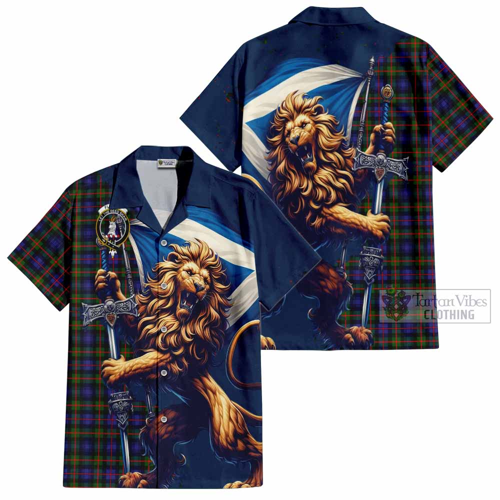 Tartan Vibes Clothing Fleming Tartan Family Crest Short Sleeve Button Shirt with Scottish Majestic Lion