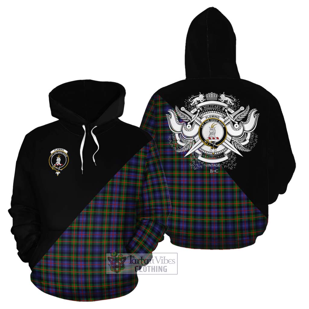 Tartan Vibes Clothing Fleming Tartan Cotton Hoodie with Family Crest and Military Logo Style