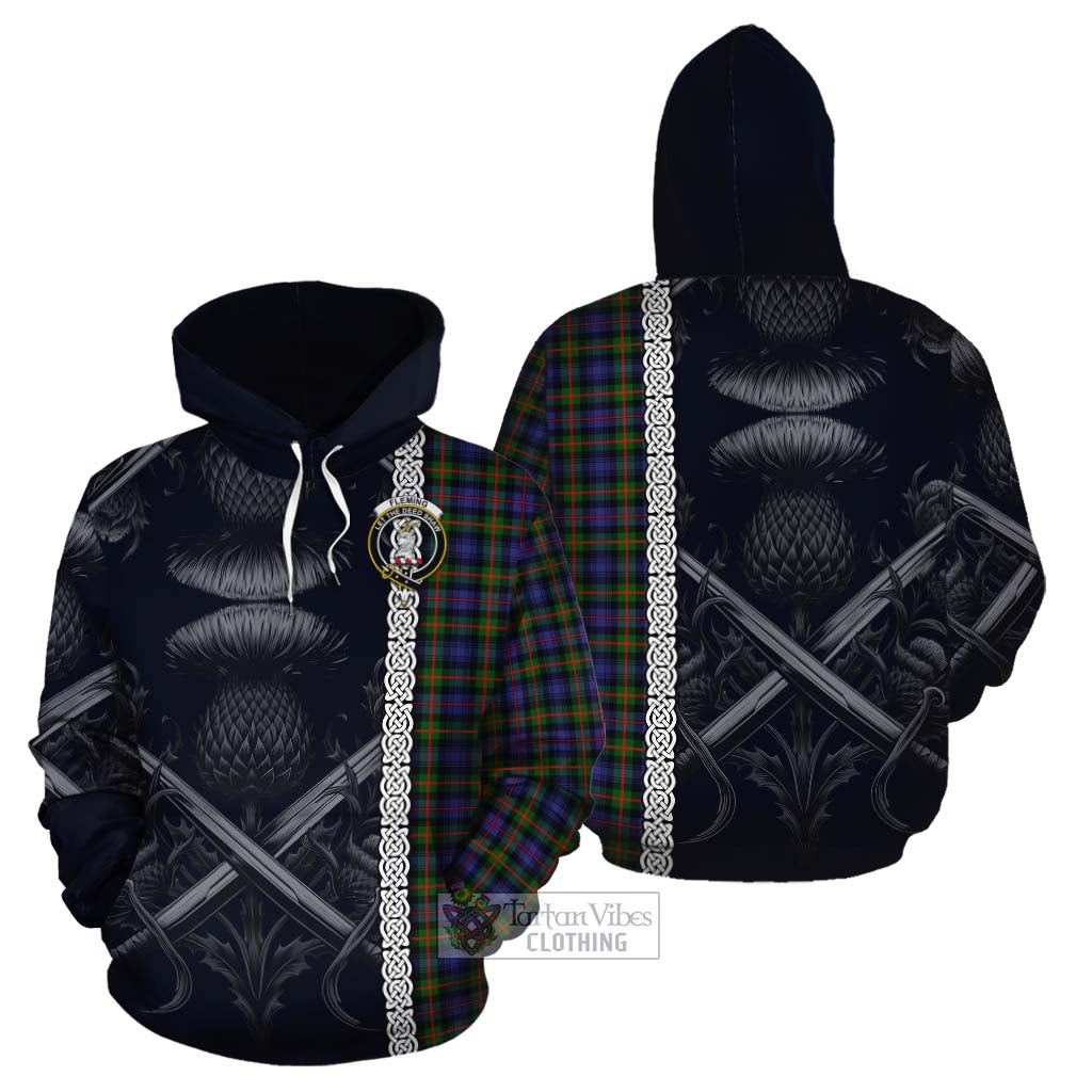 Tartan Vibes Clothing Fleming Tartan Cotton Hoodie with Family Crest Cross Sword Thistle Celtic Vibes