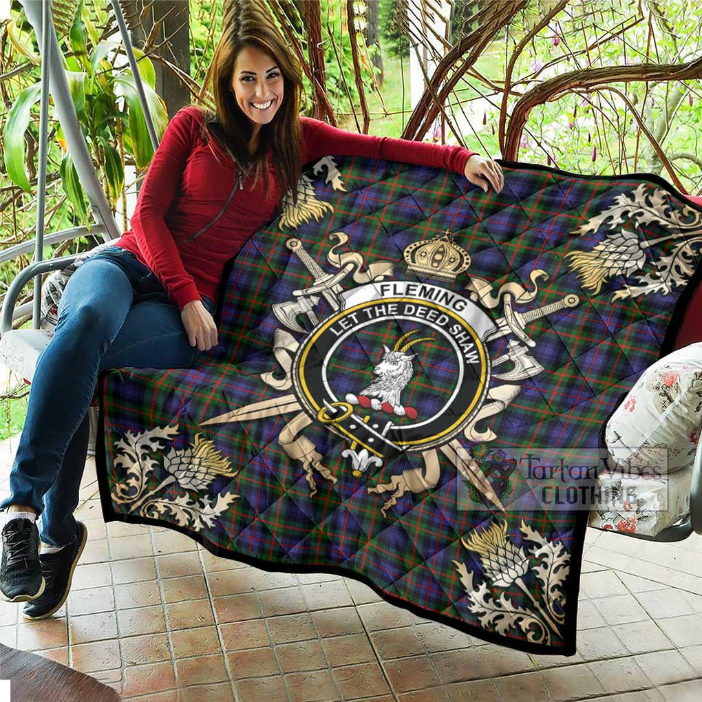 Tartan Vibes Clothing Fleming Tartan Quilt with Family Crest and Scottish Golden Courage Shield