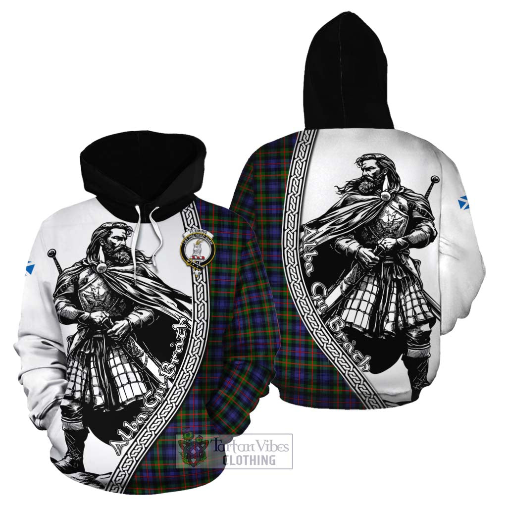 Tartan Vibes Clothing Fleming Tartan Clan Crest Cotton Hoodie with Highlander Warrior Celtic Style