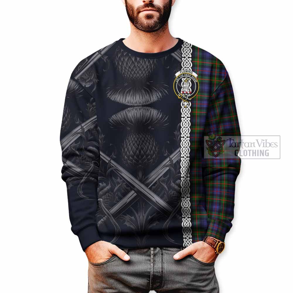 Tartan Vibes Clothing Fleming Tartan Sweatshirt with Family Crest Cross Sword Thistle Celtic Vibes