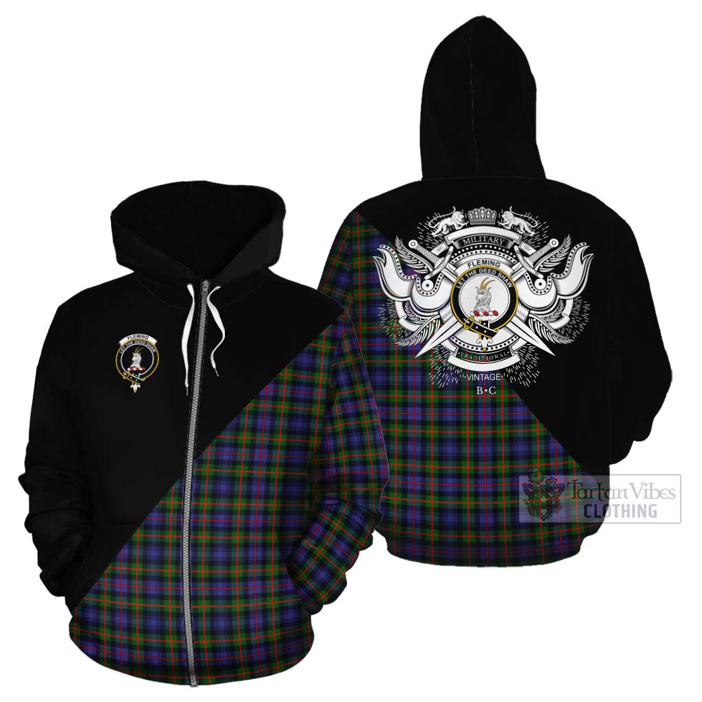 Tartan Vibes Clothing Fleming Tartan Cotton Hoodie with Family Crest and Military Logo Style