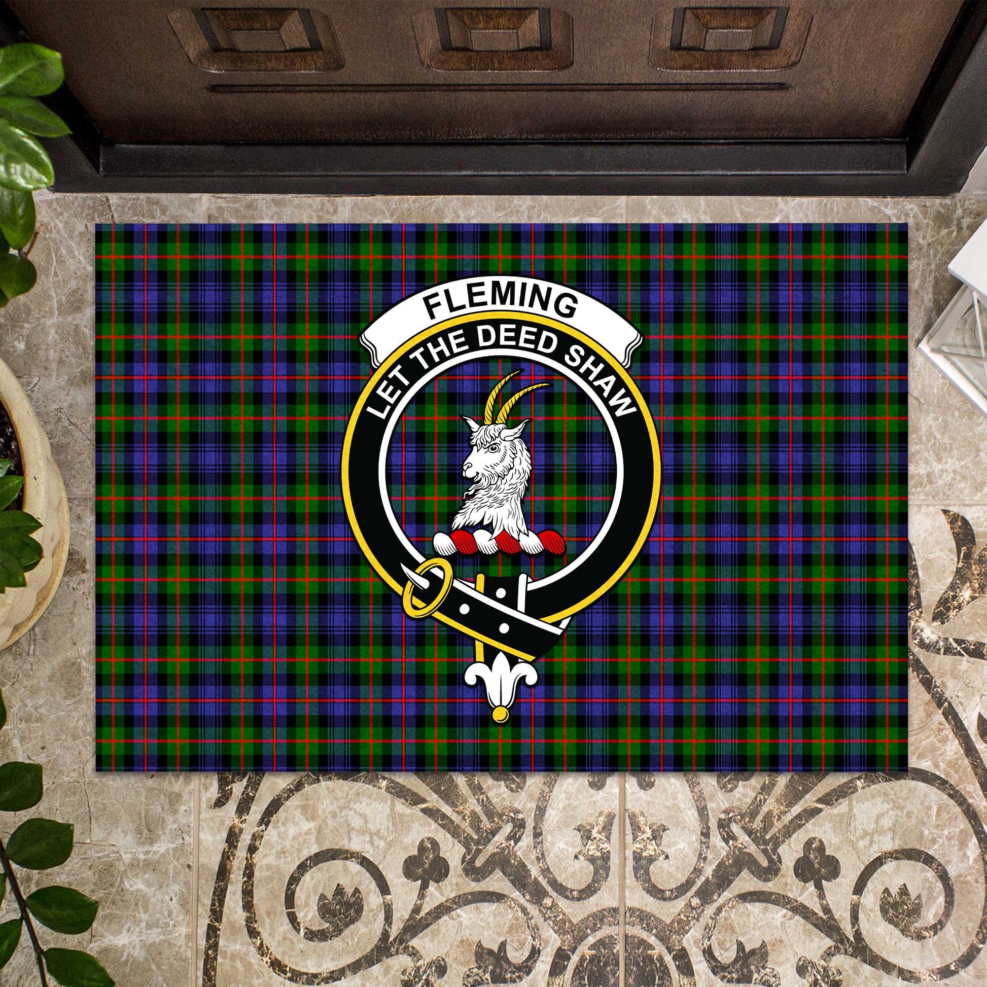 Fleming Tartan Door Mat with Family Crest - Tartanvibesclothing