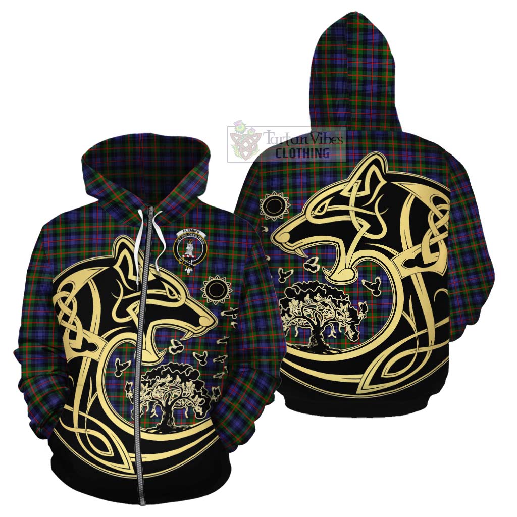 Tartan Vibes Clothing Fleming Tartan Cotton Hoodie with Family Crest Celtic Wolf Style