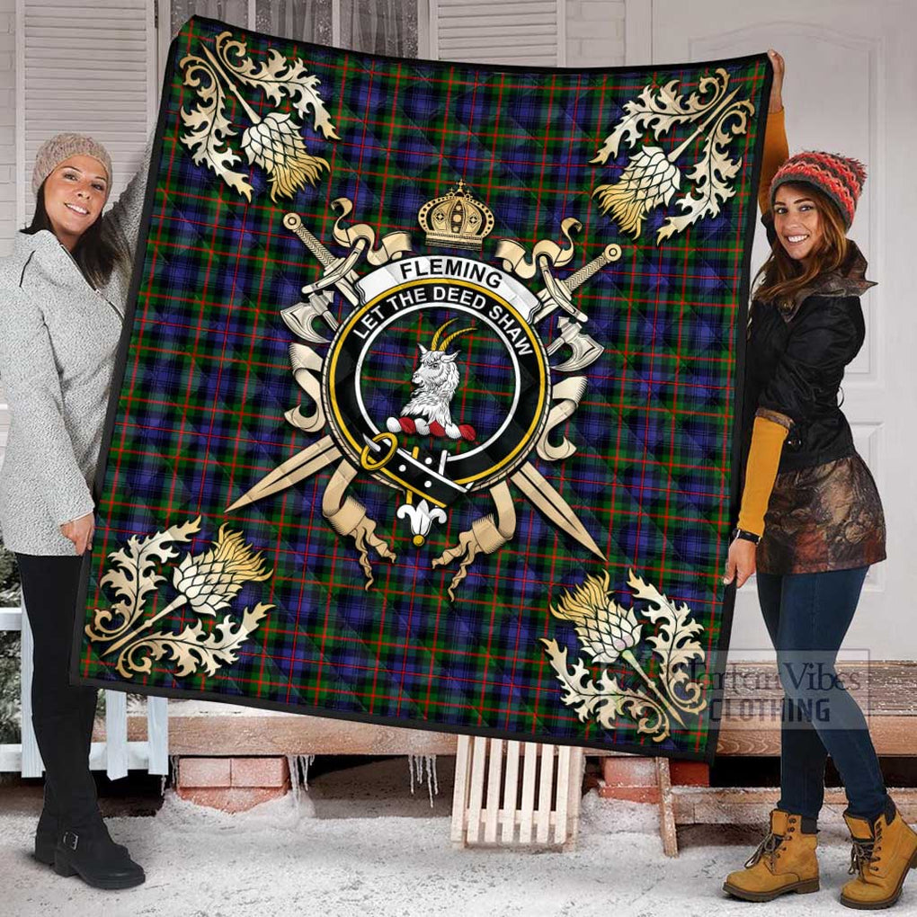 Tartan Vibes Clothing Fleming Tartan Quilt with Family Crest and Scottish Golden Courage Shield